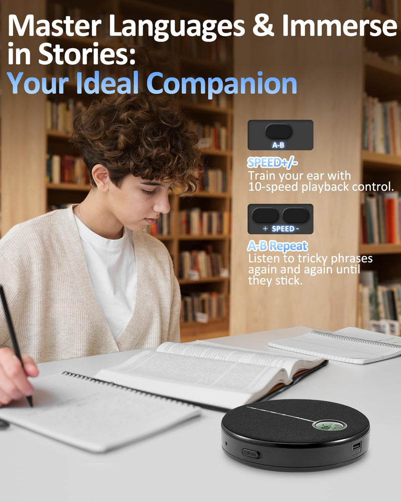 Gelielim Portable CD Player Bluetooth, Personal Discman CD Player for Car & Home,Small Fabric Music Player with Anti-Skip Protection, A-B Repeat,10 Speeds,Stereo Speakers,Supports CD/AUX/USB, Black