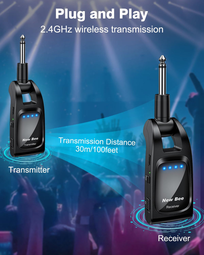[AUSTRALIA] - Wireless Guitar System 2.4 GHz with 6 Channels Rechargeable Audio Wireless Guitar Transmitter Receiver for Bass Electric Instruments Black 