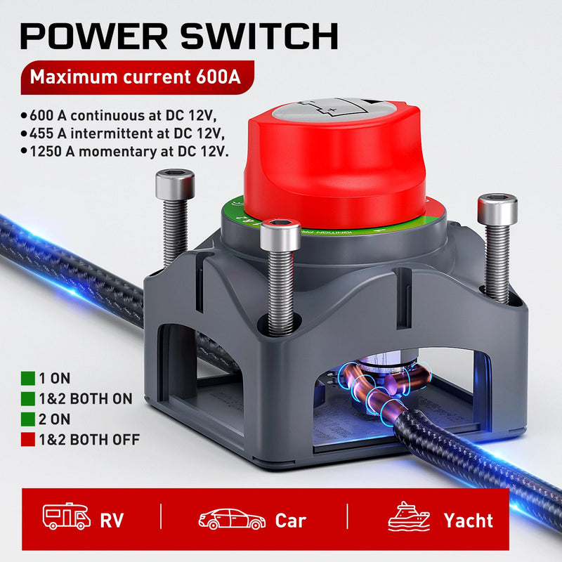 [AUSTRALIA] - Nilight Battery Switch 1-2-Both-Off 12V 24V 48V 600A High Current Heavy Duty Battery Power Cut Master Switch Disconnect Isolator for Truck Vehicle Trailer RV Marine Boat Yacht 1-2-Both-Off Switch 600A 