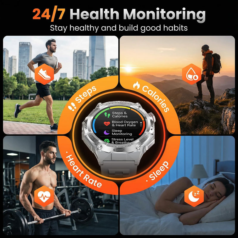 Military Smart Watch for Men with Built-in GPS,115 Sport Mode Fitness Tracker，24/7 Heart Rate Sleep Monitor，Answer/Make Calls/60 Days Battery,3ATM Waterproof Smartwatch for Android iPhone,Silver
