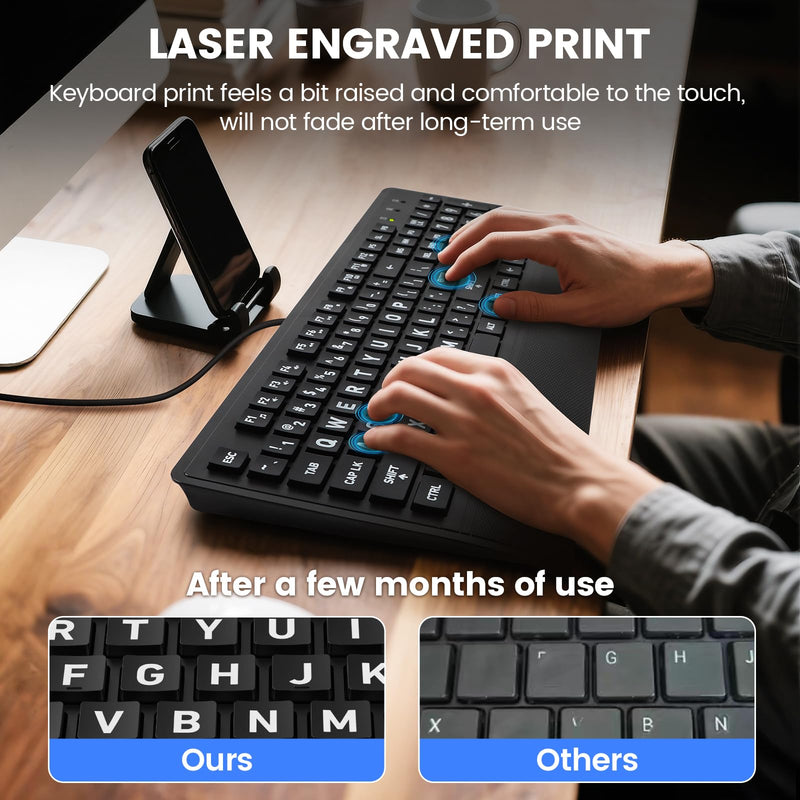 Large Print Keyboard Mouse Combo for Seniors, Wired 3-in-1 Set | 4X Oversized Print, Laser-Etched Non-Fade, Full-Size Numpad, Mouse + Pad + Dust Cover, Ergonomic Design Black（3 in 1）
