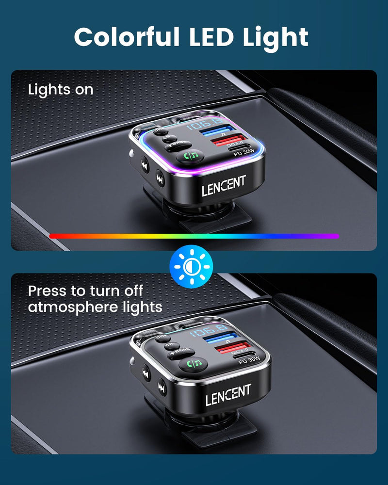 [AUSTRALIA] - LENCENT Bluetooth 5.3 FM Transmitter Car Adapter 48W (PD30W & QC18W) Fast Charger, Light Switch, HiFi Bass Sound Audio Receiver Wireless Radio MP3 Music Player, Hands-Free Calling, Support USB Drive 