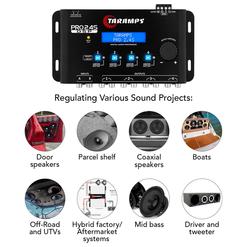 Taramps PRO 2.4S Car Audio DSP Equalizer 4 Channel Digital Crossover | Automotive DSP with 15-band EQ, active crossover, delay alignment, RCA & High-Level inputs for precise sound tuning. Black