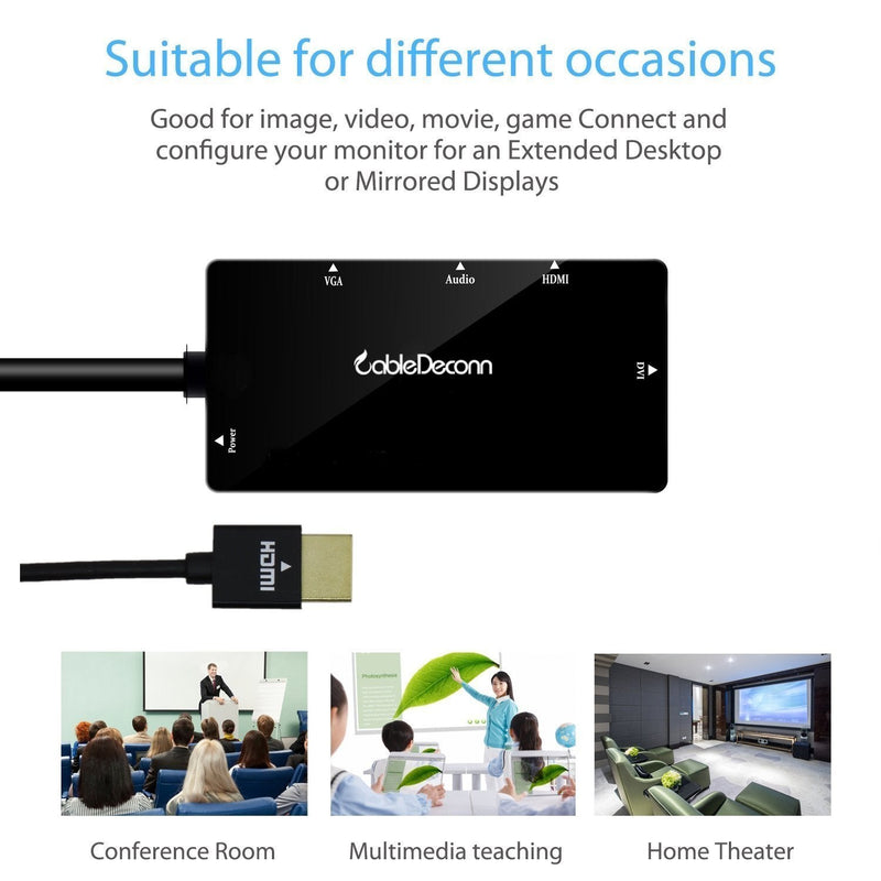 CABLEDECONN Multiport 4-in-1 HDMI to HDMI/DVI/VGA Adapter Cable with Audio Output Converter (Black) black