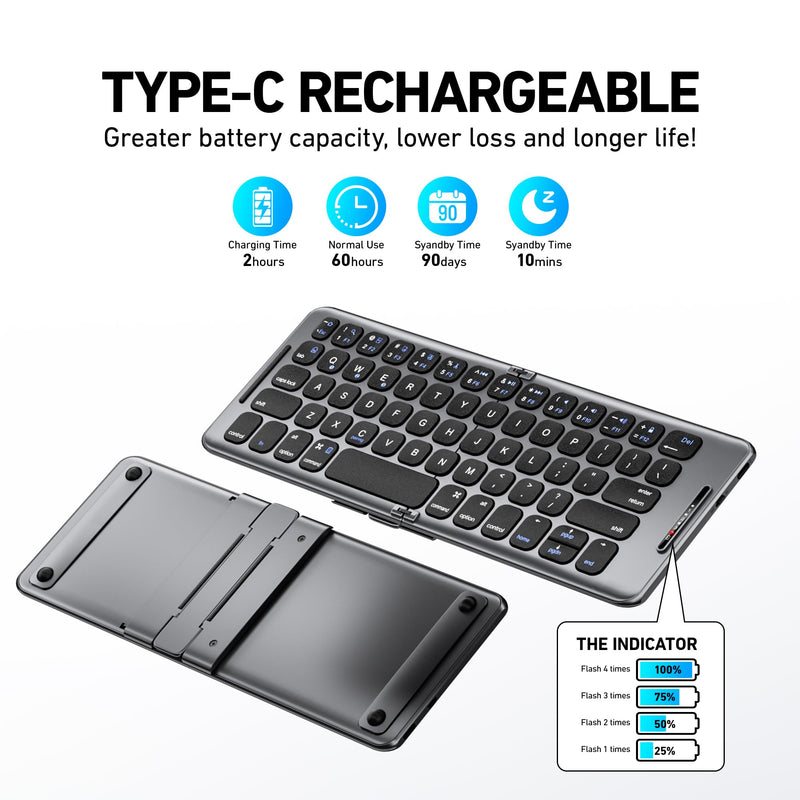 Foldable Bluetooth Keyboard with Stand Holder, Folding Keyboard Bluetooth Phone Keyboard, Rechargeable Ultra Slim Bluetooth Travel Keyboard for iOS, Android, Fit Phone Pad Tablet Laptop, B088