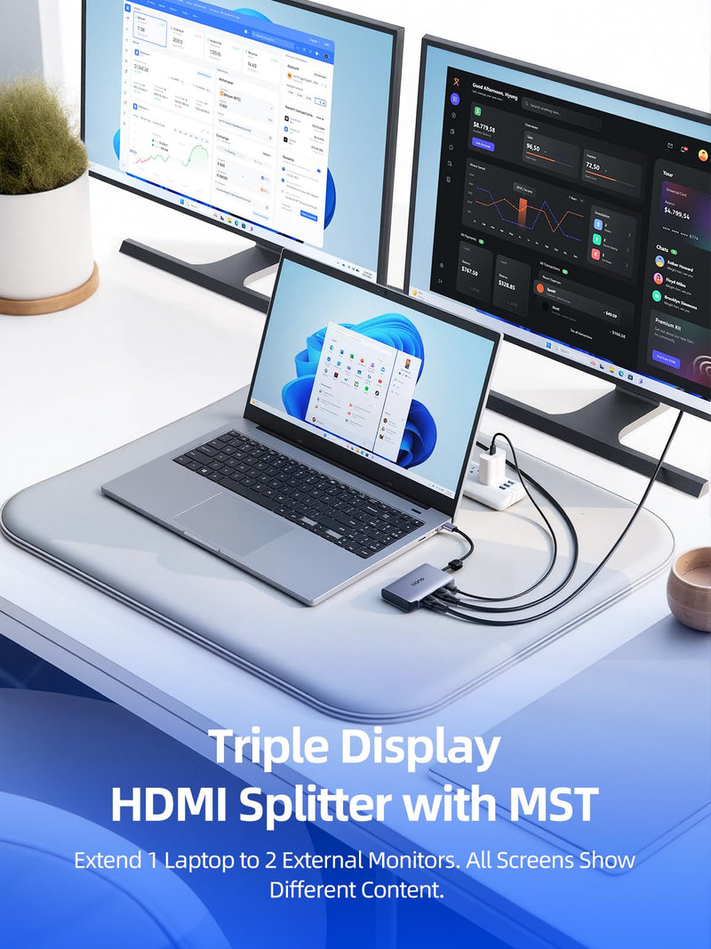 llano HDMI Splitter for Dual Monitors, MST 4K@60Hz Extend | USB-C to Dual HDMI Adapter, HDMI Splitter Dual 4K@60Hz Extended Display, 2K@144Hz/120Hz, 100W PD, for MacBook Windows