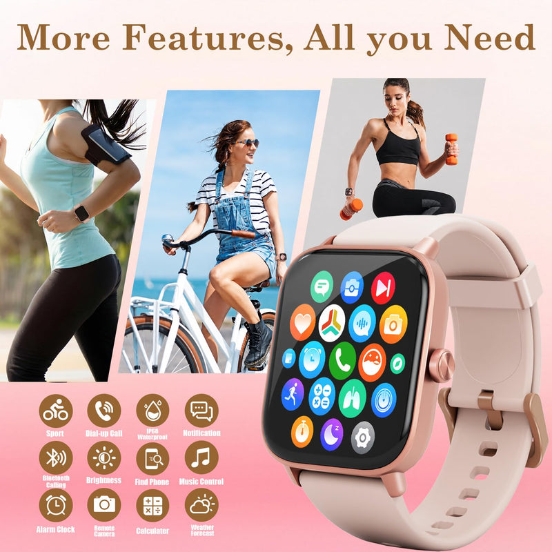 Pink Smart Watch for Women Android & iPhone, 1.83" HD Touchscreen, 24/7 Heart Rate, Sleep & Fitness Tracker, Answer/Make Calls/100+ Sports Modes/Message Reminder, IP68 Waterproof, Pedometer, 2 Bands Pink