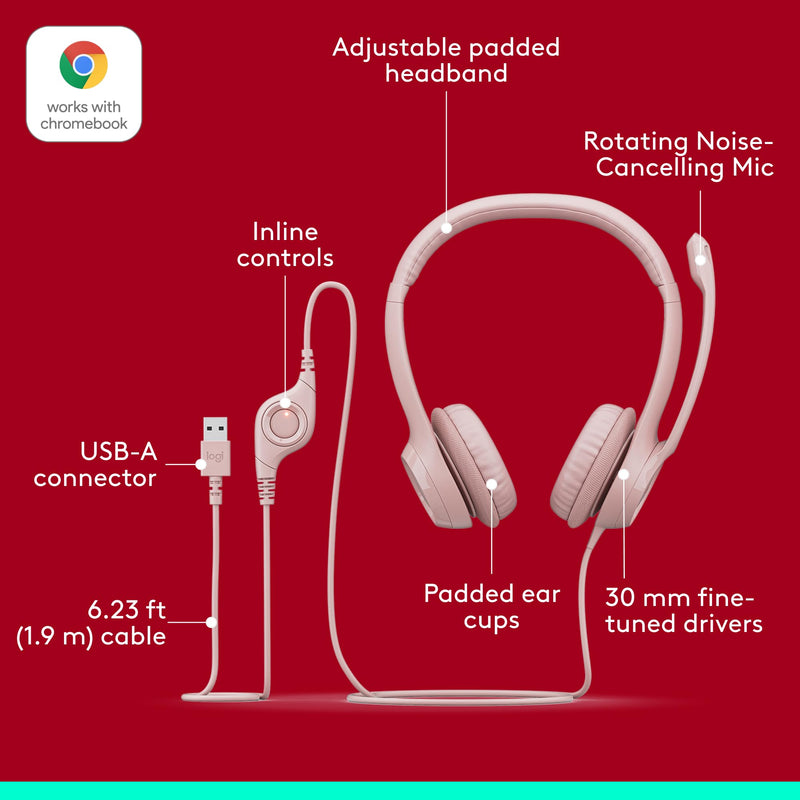 [AUSTRALIA] - Logitech H390 Wired Headset for PC/Laptop, Stereo Headphones with Noise Cancelling Microphone, USB-A, in-Line Controls, Works with Chromebook - Rose 1 Pack 
