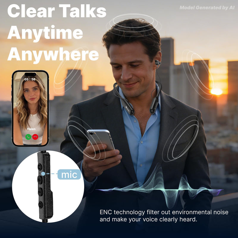 Hmusic H25 Neckband Bluetooth Headphones with 200hrs Long Battery Playtime | IPX5 Waterproof Wireless Earbuds Bluetooth 5.4, Around the Neck Headphones w/ENC Mic, for Work/Cycling/Game/Gym/Long Trips
