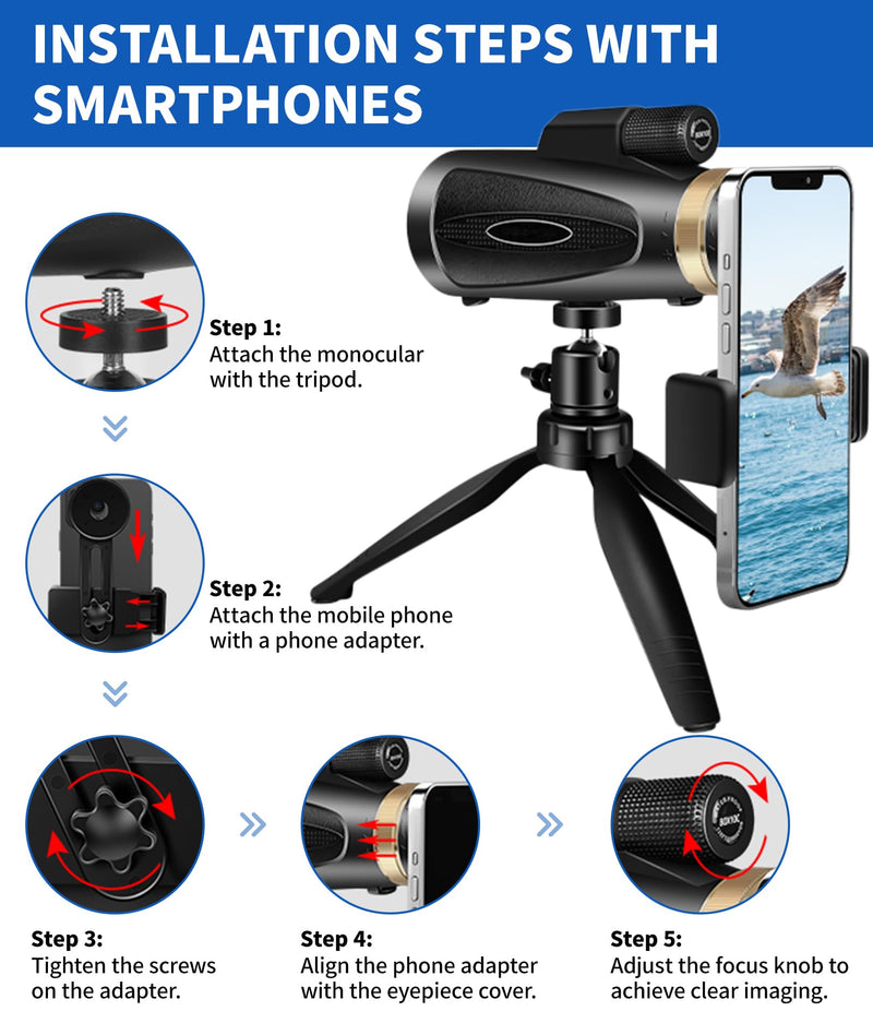 Monocular Telescope 80x100 High Power with Smartphone Adapter Tripod,Larger Vision Monoculars for Adults with BAK4 Prism & FMC Lens, Suitable for Bird Watching Hunting Hiking Camping Wildlife-Black Black