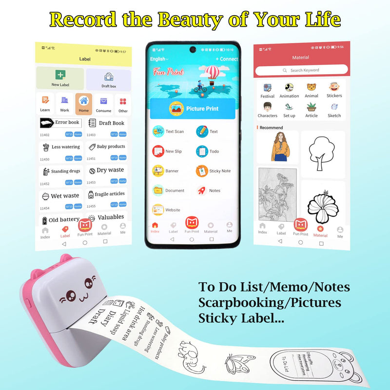 Mini Pocket Printer, Portable Thermal Printer with 8 Rolls Printing Paper, Bluetooth Wireless Tiny Printer for Photos/Stickers/Labels/Notes/Receipts, Compatible with iOS and Android, Pink