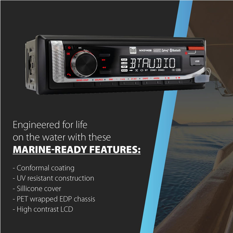 Dual Electronics MXD140B Marine Stereo Bluetooth Single DIN Weatherproof AM/FM | Weatherproof receiver for boats, sunlight-readable LCD, USB port with 2.1A charging, AM/FM tuner, black single-DIN design Marine Radio