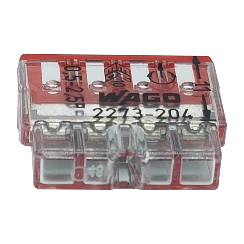 [AUSTRALIA] - Pack of 30 Wago 2273-204 Compact Connectors for Junction Boxes, Diameter 0.5 - 2.5 mm², 4-Pin, Transparent/Red 