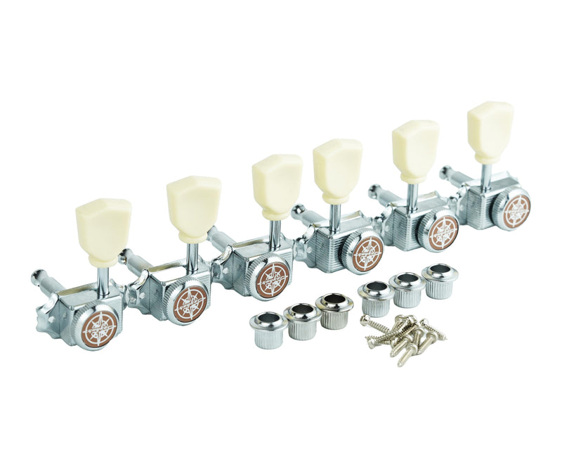 [AUSTRALIA] - Guyker 3x3 Vintage Style Locking Guitar Machine Heads – 1:15 Ratio Lock String Chrome Deluxe Tuning Key Pegs Tuners Set Replacement for Electric, Acoustic or Folk Guitars - GK44sp, White Button Chrome - White Handle 