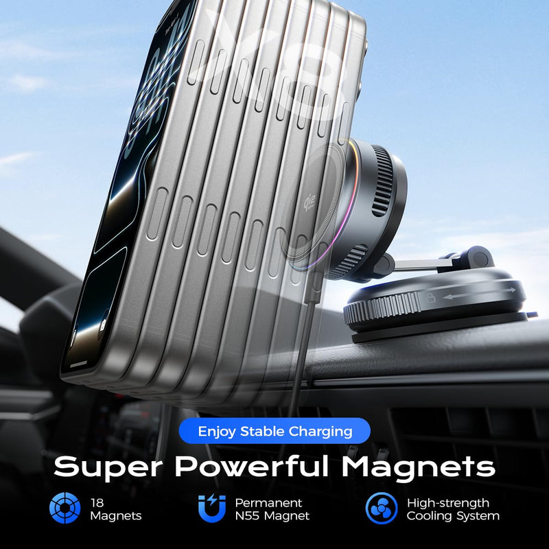 Qi2.2 Magnetic Car Mount Charger【25W Fast Charging+Ice-Cooling】 360° Rotating Fast Wireless Charger Stand with Cooling Fan/LED Light,Vacuum Magnetic Phone Holder Compatible with iPhone 12-17, S26/S25 Stand+Cooling Charging Pad