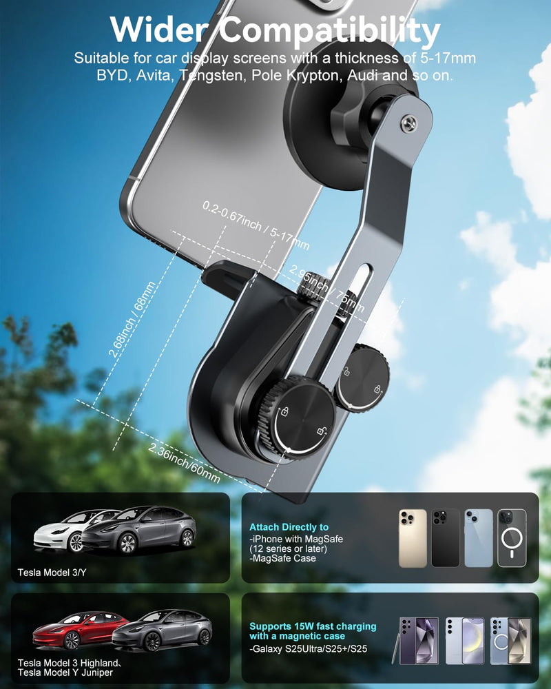 CloudValley Upgrade Phone Mount Car Holder for Tesla Model Y/3 | 【Extendable Metal Holder】 Design for MagSafe Car Accessories for iPhone, Magnetic Phone Holders, Strong Magnet for 3/Y/S/X Magnetic Mount-Black