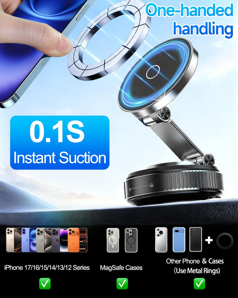 for MagSafe Car Mount, Vacuum Magnetic Car Phone Holder Stand for Your Car | [Reinforced 120LBS Ultra Suction Cup & 3000gf Magnet] 780° Cell Phone Mount Dashboard Car Holder Bracket for iPhone & Android Black 1