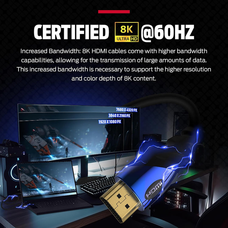 Monster 8K HDMI Cable — Xbox Series X & PlayStation 5 HDMI Cable w/ 24K Gold Contacts & V-Grip, 48 Gbps Speed, 60/120 Hz Refresh Rate, Dynamic HDR & eARC for Superior Visuals & Audio (12 FT) New Model