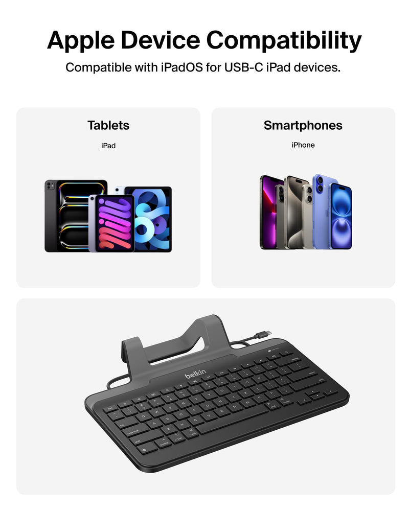 Belkin USB-C Wired Keyboard w/Stand, Plug & Play iPad | iOS keyboard, plug and play, no batteries, full-size keys, tablet accessory, classroom, office