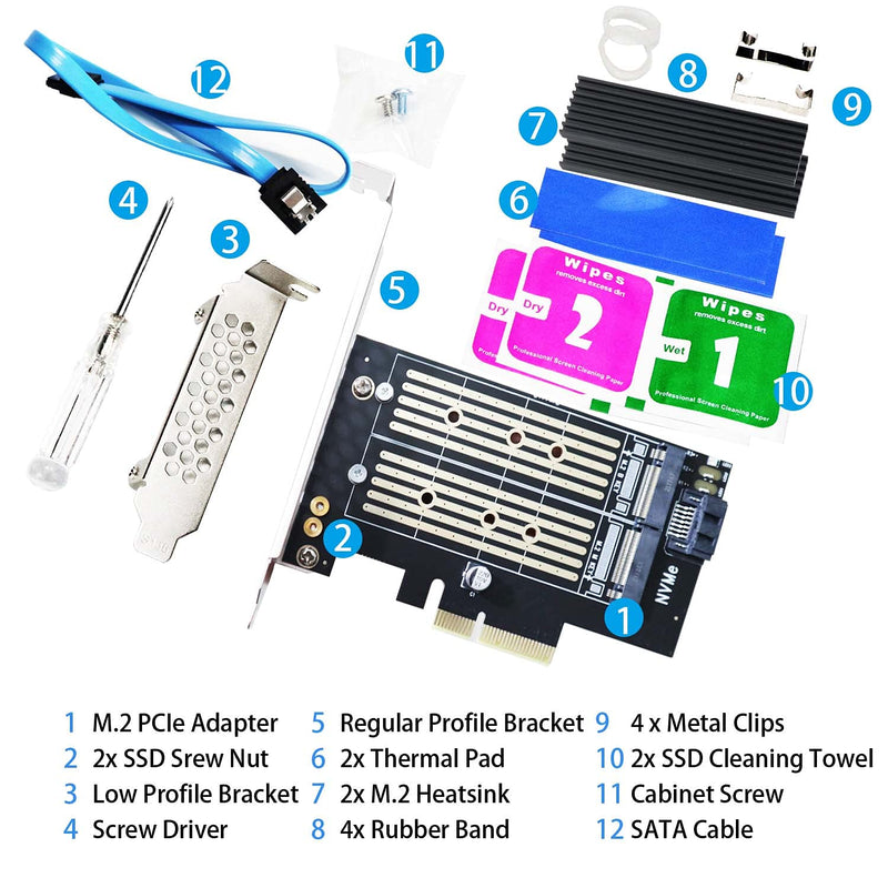 GLOTRENDS Dual M.2 X4 PCIe Adapter for One M.2 PCIe SSD and One M.2 SATA SSD, Support OS Booting from M.2 PCIe SSD or M.2 SATA SSD, Including 2 x M.2 Heatsink and Thermal Pad and M.2 Screws (PA12-HS)