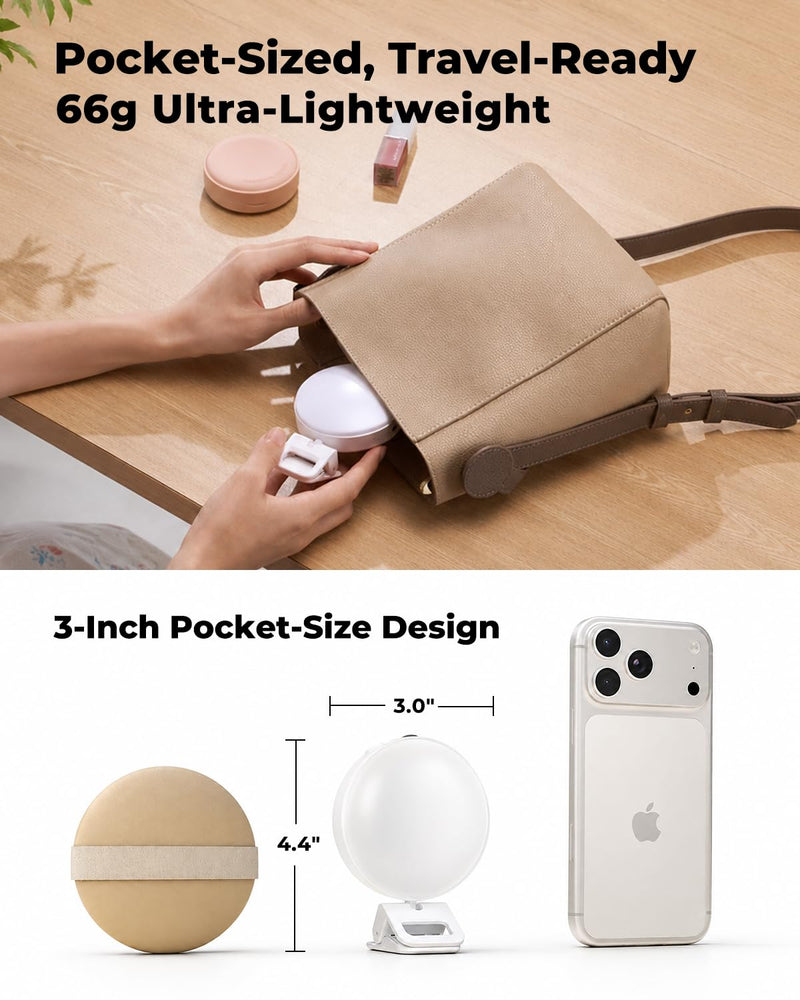 Viozon Selfie Light for iPhone Laptop, 3" Compact Clip on LED Phone Light with 360° Rotation, 1000mAh Type-C Rechargeable Zoom Meeting Light, 36H Runtime, Stepless Dimming 2800K-6500K, White