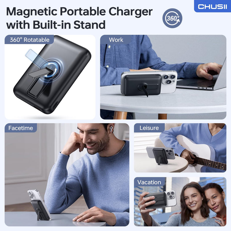 for Magsafe Portable Charger, 12000mAh Wireless Magnetic Power Bank with Stand and USB C in/Out Fast Charging, for Magsafe Battery Pack Compatible with iPhone 15/14/13/12 Pro/Pro Max Series-Black Black
