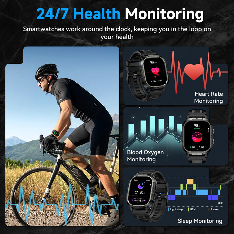 Smart Watch for Men Fitness Tracker: Make Answer Call Military Smart Watches for Men Digital Watches Waterproof Running Step Smartwatch Android Phones iPhone Samsung Compatible SpO2 Heart Rate Monitor Black