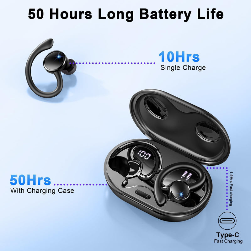 Wireless Earbuds, Bluetooth 5.4 Headphones, 75H Deep Bass Sound, Earhook | Sport, Over Ear Buds, 4 ENC Noise Cancelling Mic, Dual LED Display, IP7 Waterproof Earphones, Workout, Running, Gym Jet-Black