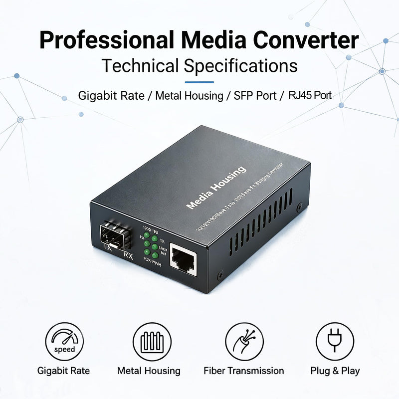 A Pair of Gigabit Fiber Media Converter with 2 Packs Gigabit SFP LC Modules 20KM Single-Mode, 1.25G/s Fiber to Ethernet Converter, Gigabit SFP to RJ45 10/100/1000M, SMF, 1310nm