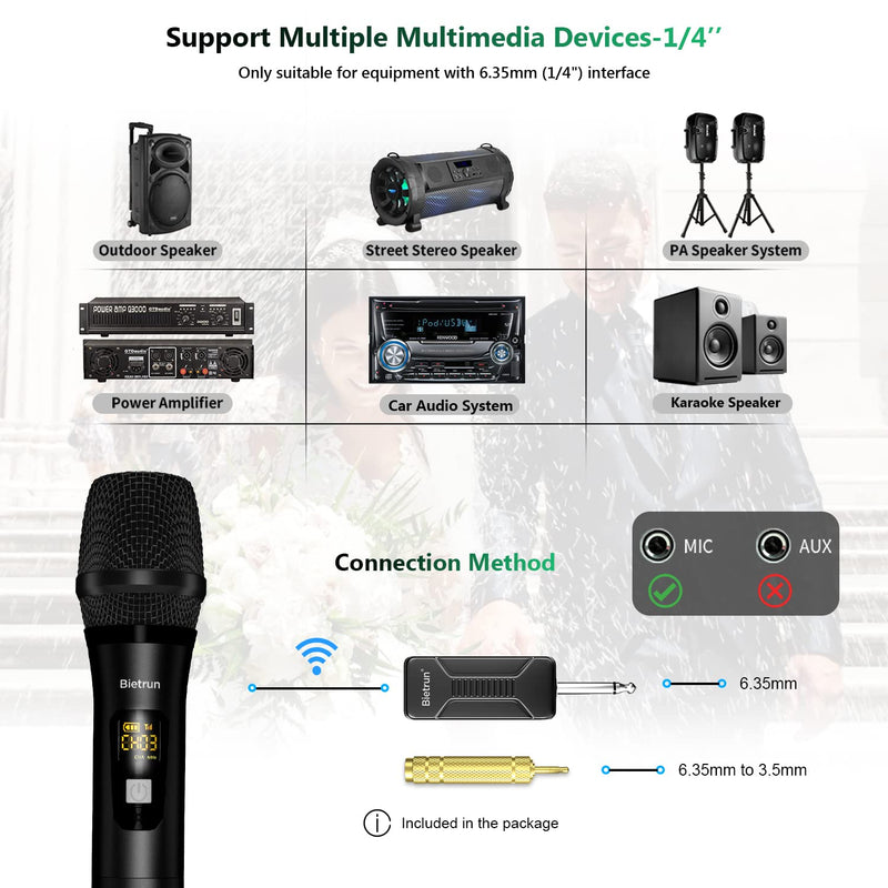 Bietrun Wireless Microphone Dynamic Mic System with Rechargeable Receiver, 1/4" Output, for Karaoke, Church, Speech, Wedding, Party Singing(160 ft Range)-Auto Connect Black Red