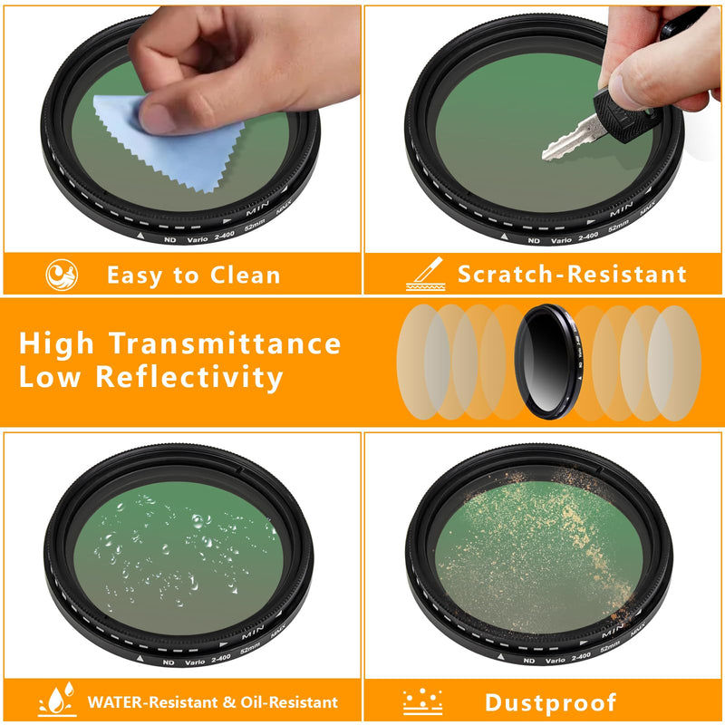 [AUSTRALIA] - 52MM Variable ND2-ND400 Filter, Ultra Slim Multi-Coated Adjustable Neutral Density Filter, Clip-on Phone Lens ND Filter Kit, Compatible for iPhone 15 14 13 12 11, Google Pixel and Other Smart Phones 
