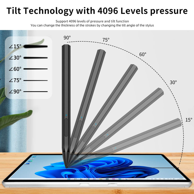 Stylus Pen for Microsoft Surface Pro9/8/X/7/6/5/4/3 Surface Go 3/2/1 Surface 3/Laptop/Studio/Book 4/3/2/1 with 4096 Tilt Pressure Palm Rejection Magnetic Attachment Rechargeable, Black