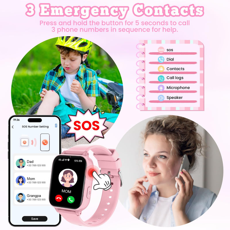 4G Kids Smart Watch for Boys Girls GPS Tracker, Children Watches Phone Call | Smartwatch Phone Gifts for Teens Toddler Ages 4-12 Years with SIM Card Video & Voice Call SOS, Parental APP, Class Mode Light Pink