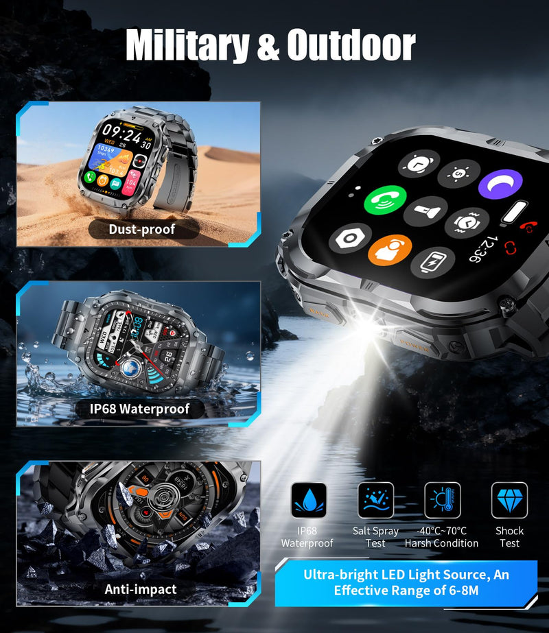 LIGE Military Smart Watch for Men(3 Bands),1000mAh/2 HD Large Screen Smartwatch, Flashlight/110+ Sports Modes, Fitness Tracker Watch for Android iOS,Black black