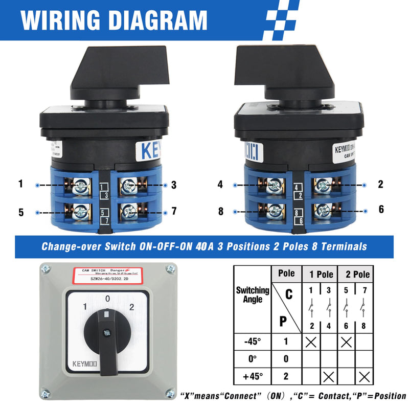[AUSTRALIA] - 40A Rotary Changeover Switch with Box, 660V 3 Position 2 Phase 8 Terminals, 2-Way 2NO 2NC Universal Selector Switch with Yellow Fork Terminals IP65 CE 26-40/D202.2D 