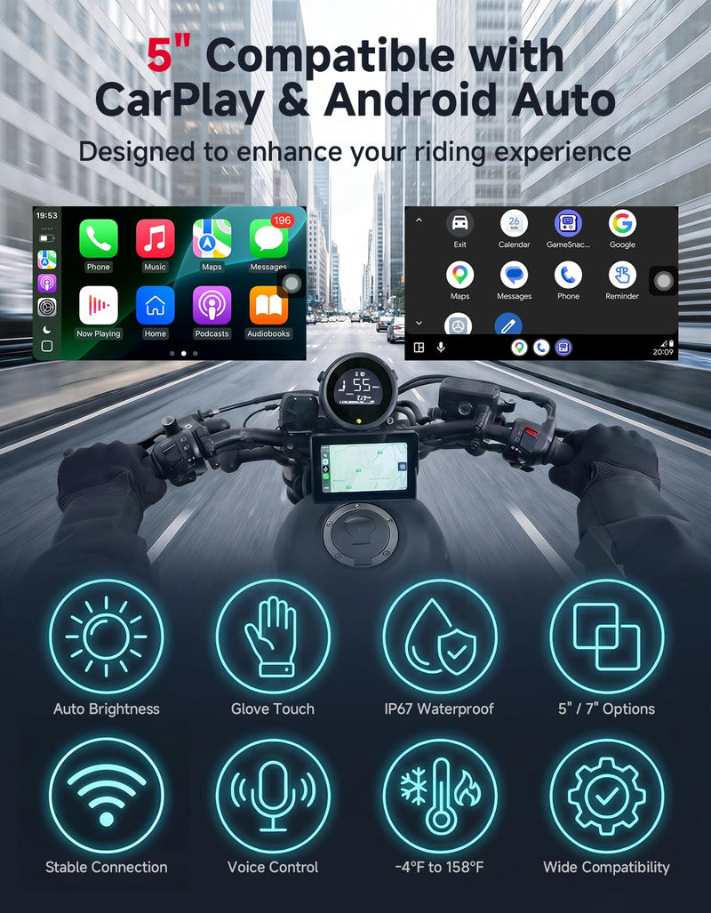 KEMIMOTO 5 Inch Motorcycle Screen, Auto Brightness – Wireless CarPlay & Android Auto, Waterproof GPS Navigation Display with Handlebar Mount – for Road, Touring, Adventure