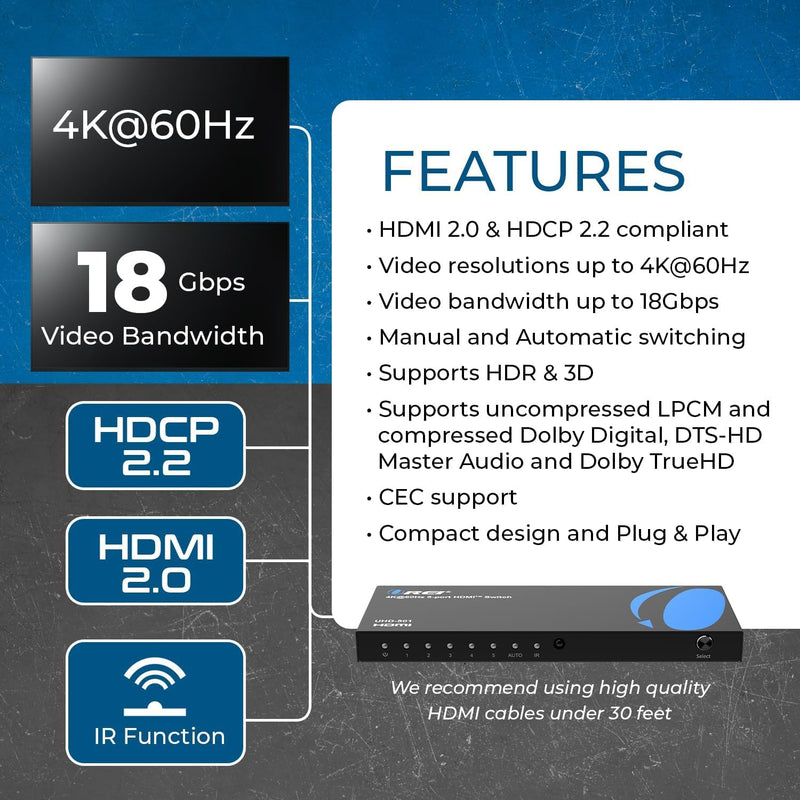 [AUSTRALIA] - OREI 4K HDMI Switch 5 in 1 Out – HDMI Switch with Remote 4K@60hz with HDR, Dolby, DTS & 3D - 18Gbps Switcher - for PS5/4, Xbox, Roku, Fire TV 