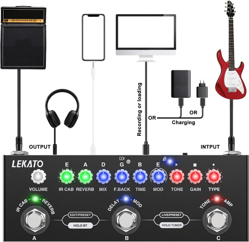 [AUSTRALIA] - LEKATO Multi Effects Guitar Pedal, with IR Loading 9 AMP Models, Delay Reverb Distortion Overdrive Pedal, Rechargable Electric Guitar Effects Multi Pedal Support Recording,Bluetooth 5.0 For Electric Guitar 