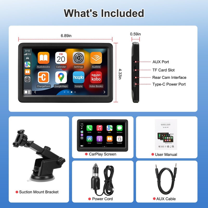 Carplay Screen for Car, 7" Wireless Carplay & Android Auto, Portable HD Touchscreen with Mirror Link, GPS Navigation, Voice Control, Hands-Free Calling, Bluetooth/AUX/FM, Plug & Play Car Play Screen Black