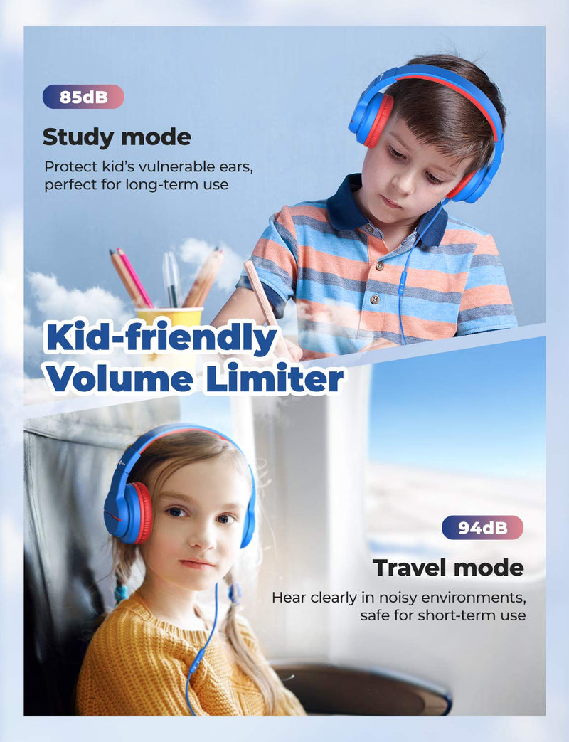 iClever Kids Headphones for School Travel, Safe Volume 85/94dB, HD Mic Stereo Sound Over-Ear Girls Boys Headphones for Kid, FunShare Foldable 3.5mm Wired Kids Headphones for iPad Computer Blue M