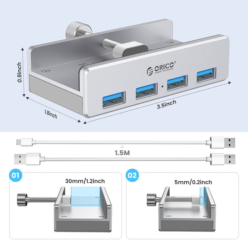 ORICO 4 Port USB 3.0 Hub Clamps on Monitor or Table, USB A/A and A/C Cable Included(4.92FT), Extra Power Supply Port, Space-Saving Mountable Aluminum USB Hub for iMac, All-in-One Desktop Computer 4 port + 2 Data Cable