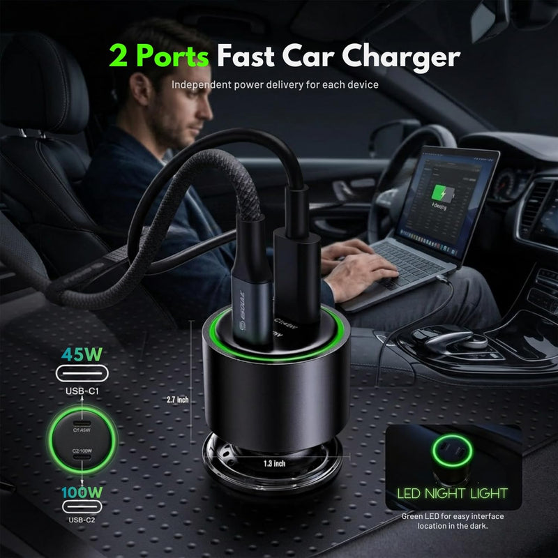 Esoulk145W USB C Car Charger Dual Port Cigarette Lighter Phone Charger | 145W fast dual USB-C car charger, includes 6ft 100W braided USB-C cable, charges 2 phones, tablets, or laptops.