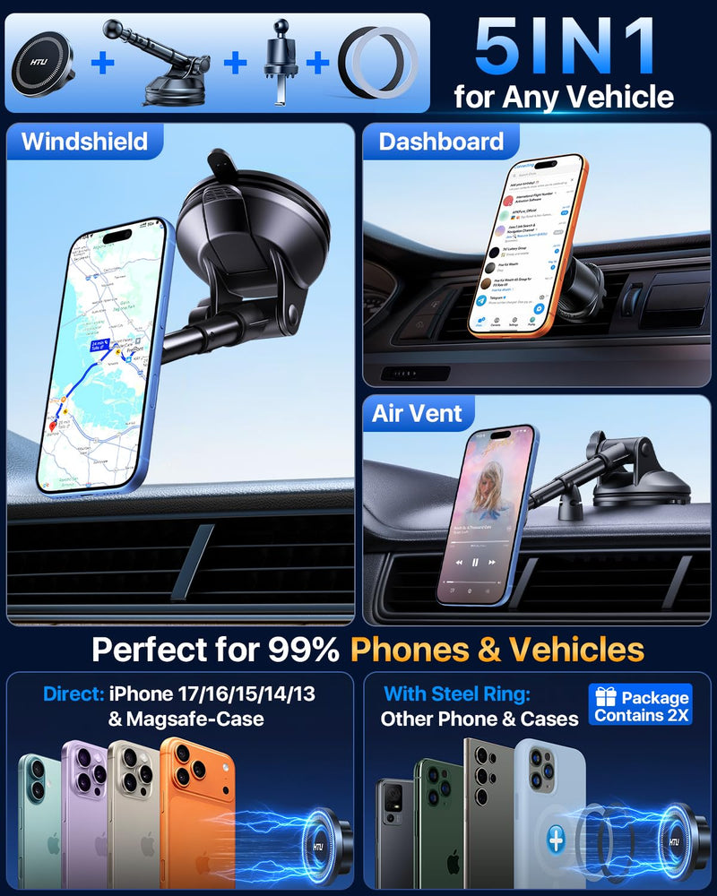 HTU 2026 Upgraded for Magsafe Car Mount [80LBS Strongest Suction & Military-Grade] Powerful Magnetic Cell Phone Holder for Car Dashboard Windshield for iPhone 17 16 15 14 Pro Max Mini,Dark Blue Dark Blue
