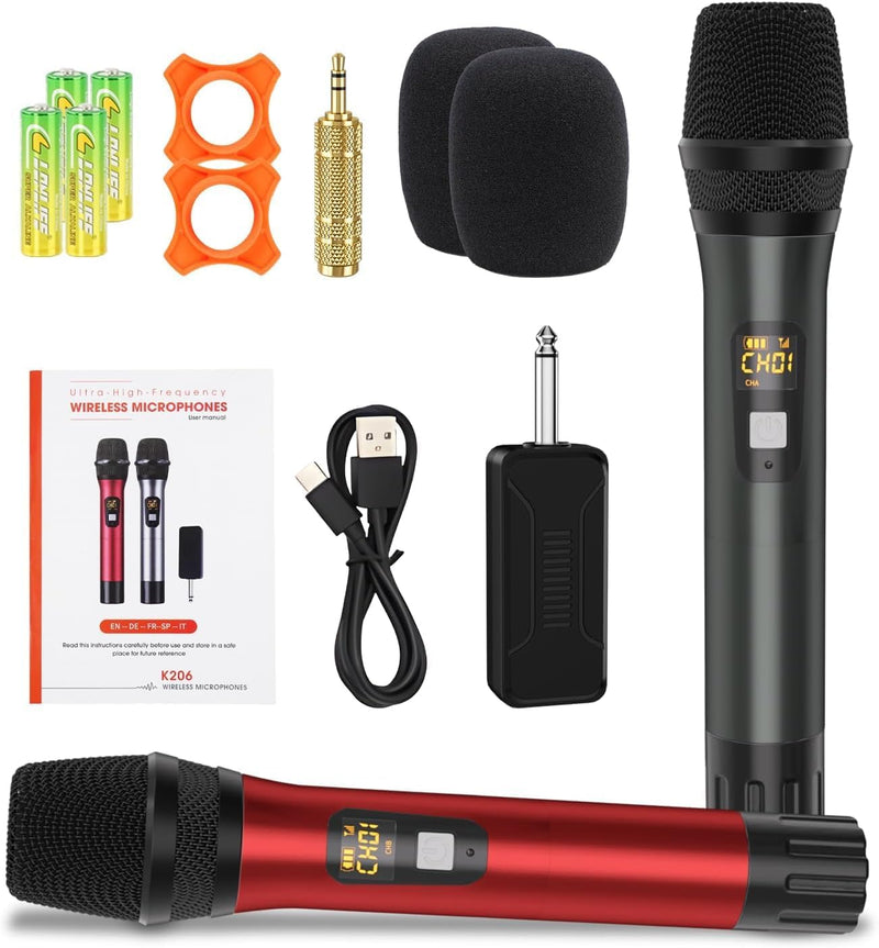 [AUSTRALIA] - Wireless Microphones, Professional UHF Metal Dual Handheld Cordless Dynamic Mic System with Rechargeable Receiver, 1/4" Output, 160ft Range, Auto Connect for Karaoke, Party Singing, Church, Speech, DJ 