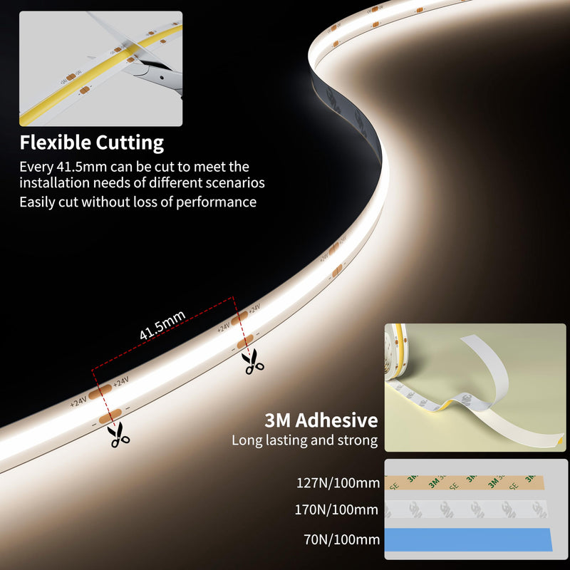 PAUTIX 24V LED Strip Light Cool White 5000K,20ft/6.1m COB LED Strip Light,Super Bright Flexible LED Tape Light for Kitchen,Stairs,Display Cabinet,Bedroom(Power Supply&Controller Not Included) 5000K-20ft/6.1m