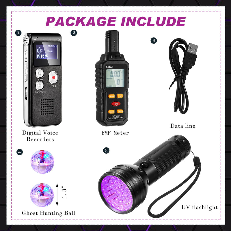 [AUSTRALIA] - Dunzy 7 Pcs Ghost Hunting Equipment Kit for Paranormal Enthusiasts Includes 8GB Digital Voice Audio Recorder, Emf Meter Detector, 4 Pcs Ghost Hunting Cat Balls, UV Flashlight Set for Entertainment Use 