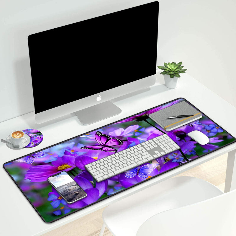 Luasao Desk Pad Mat Gaming Mouse Pads with Coasters, Stitched Edges Design Mouse Pad XXL Large Mouse Pad for Laptop Computers Purple Flowers and Butterflies Desk Writing Mat for Office & Home