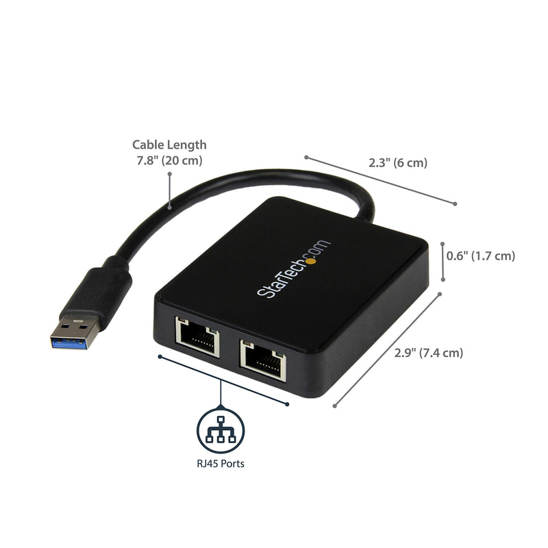 StarTech.com USB 3.0 to Dual Port Gigabit Ethernet Adapter w/USB Port - 10/100/100 - USB Gigabit LAN Network NIC Adapter (USB32000SPT) Black