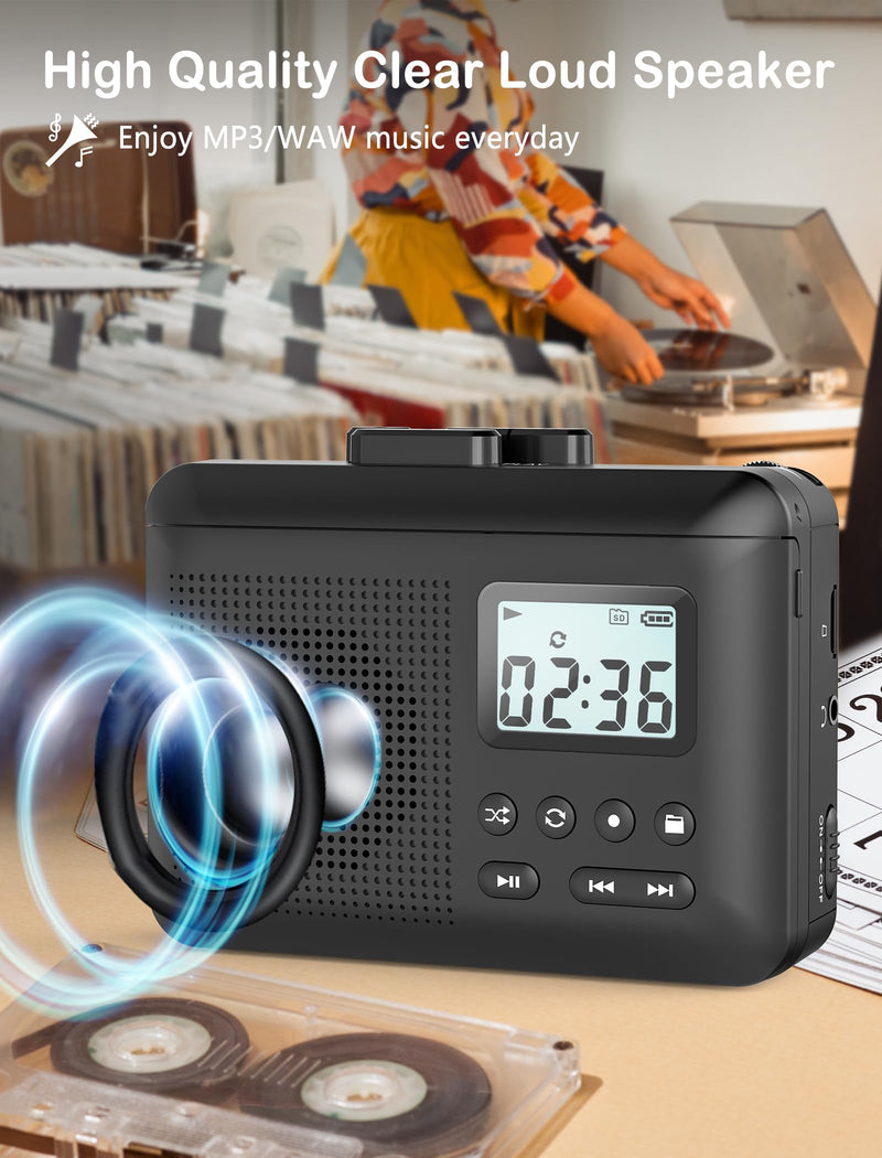 [AUSTRALIA] - Portable Cassette Player,Cassette to MP3 via SD Card, Walkman Cassette Tape Player with 1000mah Rechargeable Battery,Built-in Microphone&Speaker,Headphone Jack,16GB SD Card(Black) Black 