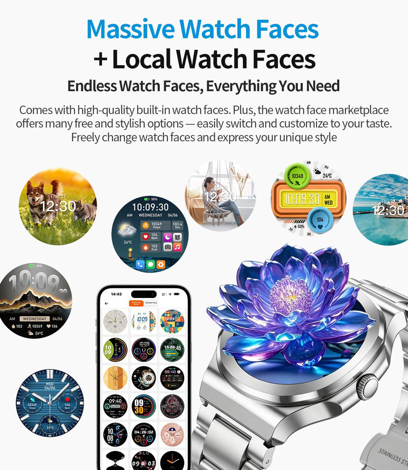 Smart Watch for Men Women, Make/Answer Calls, 1.27 Inch Full Touch Screen | 100+ Sport Modes, IP67 waterproof, health/heart rate/sleep tracking, compatible with Android & iOS, includes 2 straps. White steel belt